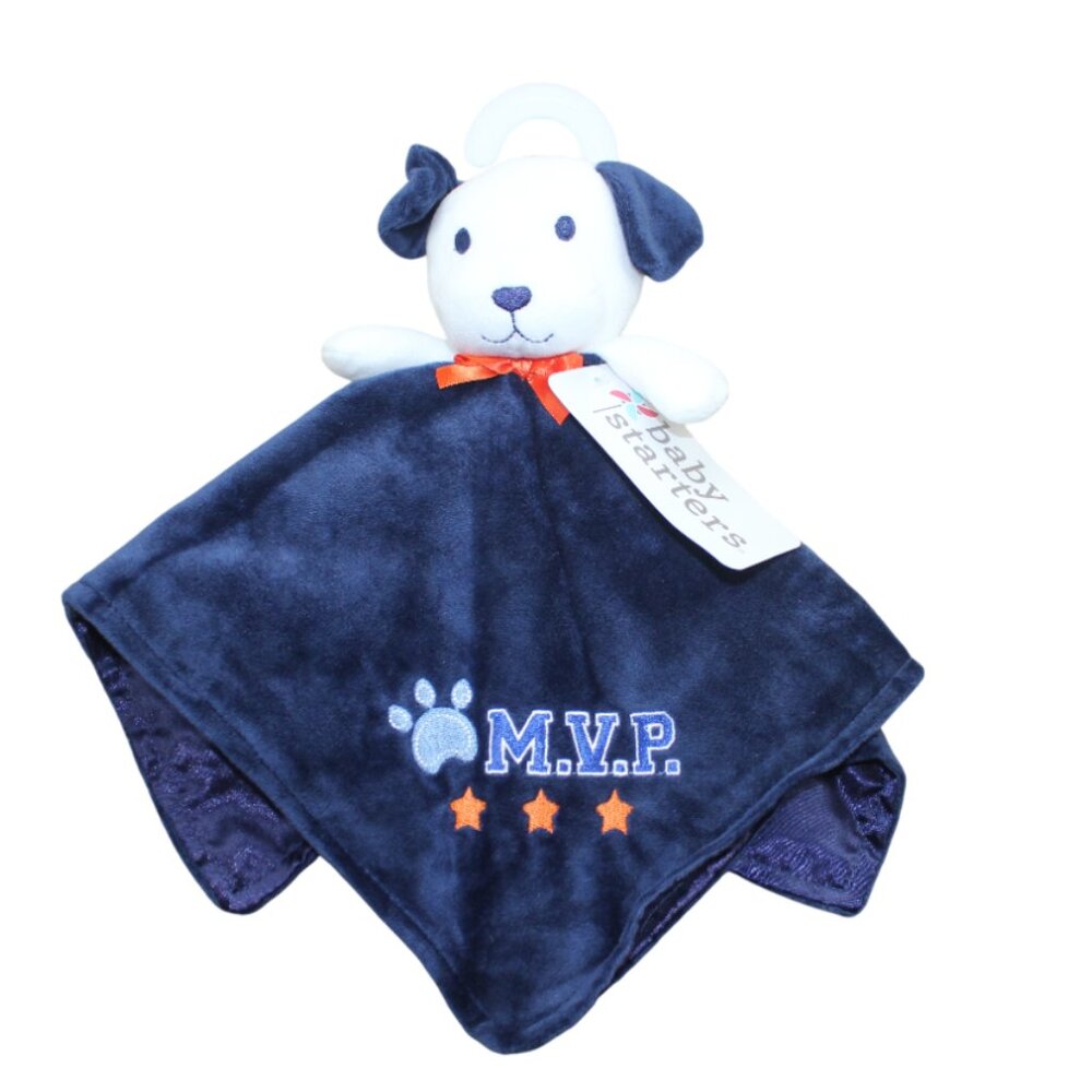 Baby Starters MVP Puppy Dog Security Blanket Lovey Navy Blue White Rattle NWT
